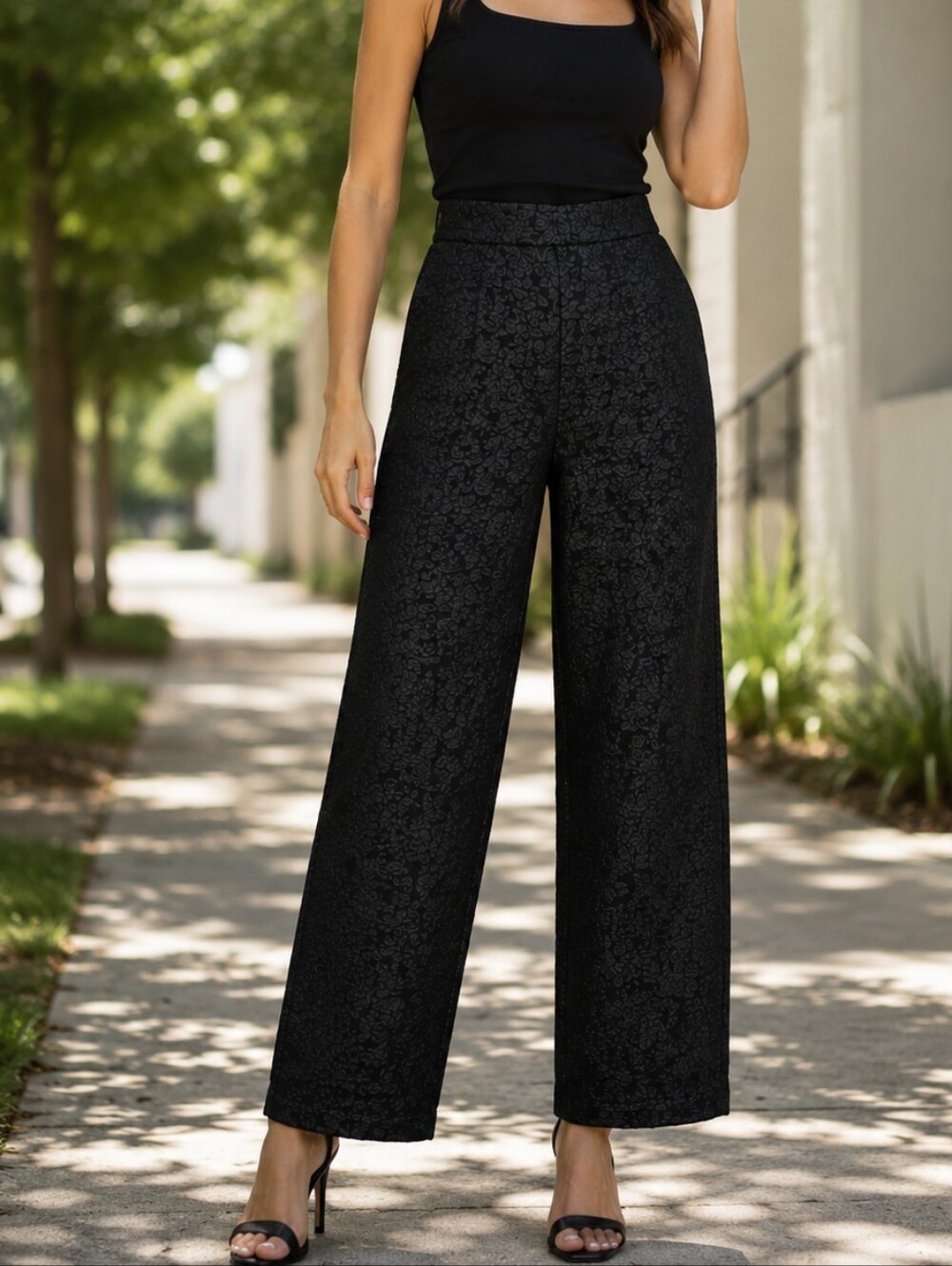 NWT Soyaconcept Black Textured High-Waist Stretch Trousers | Floral Jacquard